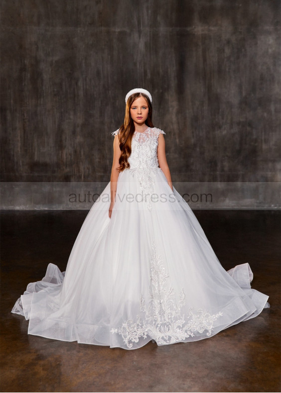 Beaded White Lace Tulle Sparkly Flower Girl Dress With Horsehair Trim